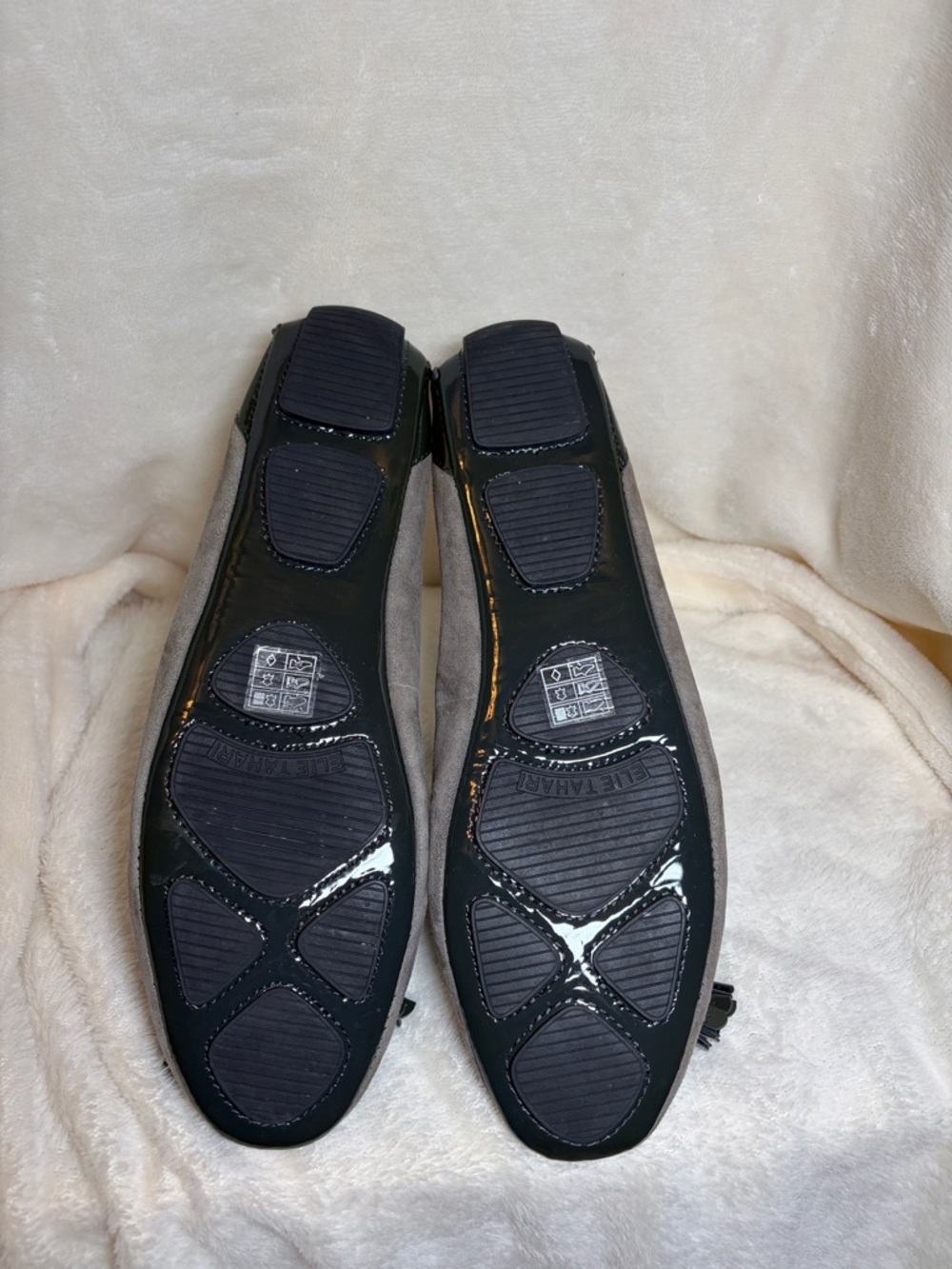 Elie Tahari Gray Suede Loafers with Tweed and Patent Tassels - Picture 3 of 8